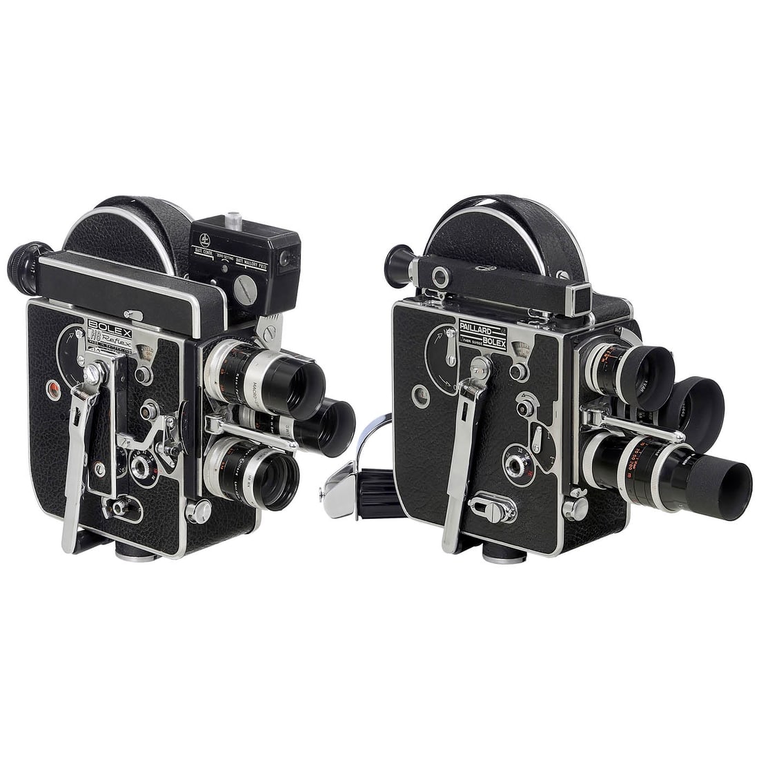 Bolex H16 and Bolex H8 Reflex: Bolex H16 and Bolex H8 Reflex Paillard, Switzerland. 1) H16, c. 1955, film camera for 16mm film on 30m daylight spools. 3 Kern lenses in the revolver head: Yvar 2.8/16 mm, Switar 1.4/25 mm, Yvar 2.8/7