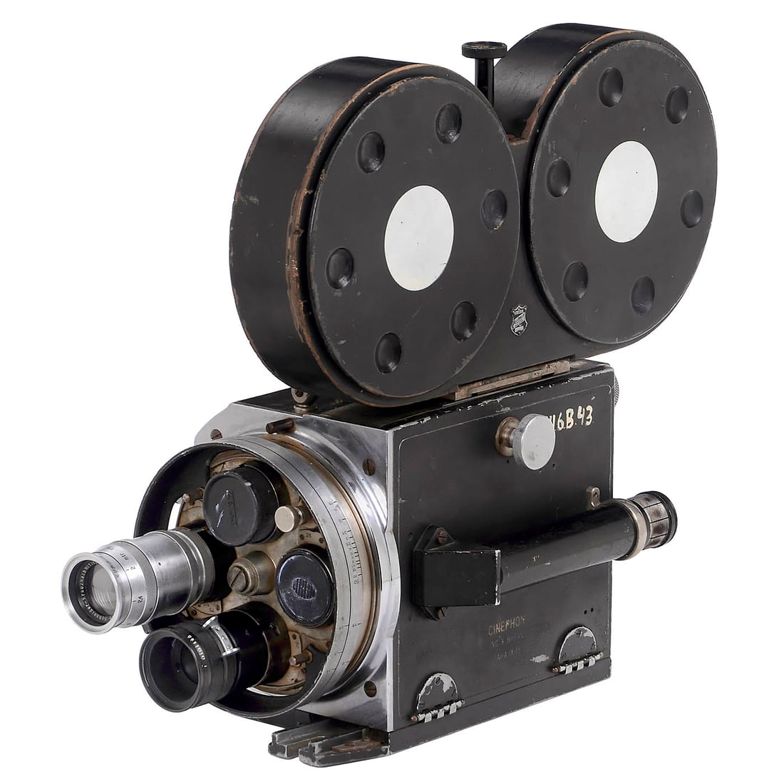 Cinephon Slechta, c. 1930: Cinephon Slechta, c. 1930 Rysan, Prague. 35mm film camera for 4 lenses in the revolver head. Lenses: Tele-Xenar 5.5/180 mm and unnamed lens 2.9/75 mm. The camera can be switched from film observation 