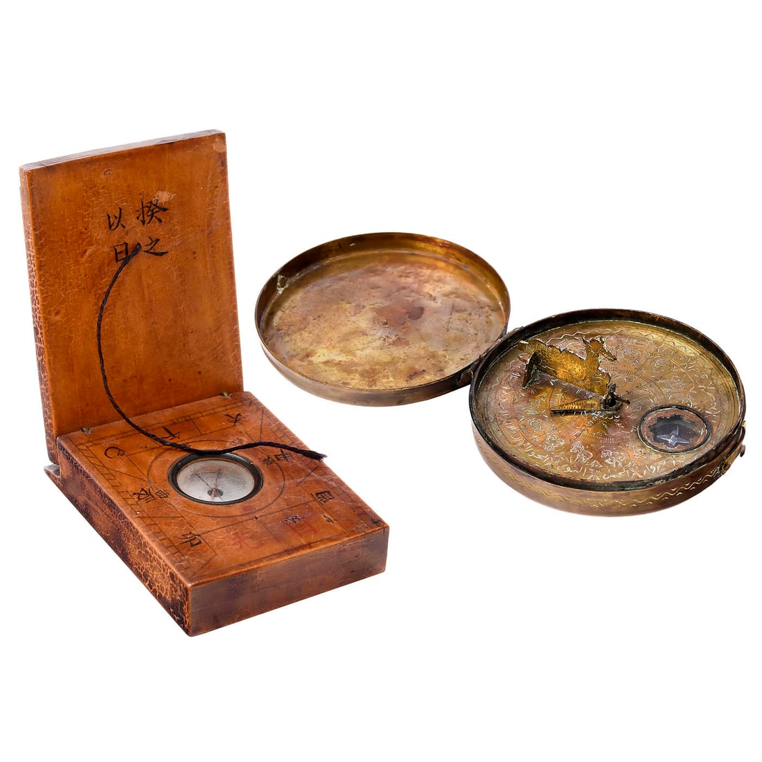 2 Compasses with Sundials: 2 Compasses with Sundials 1) Arabic or Persian compass with sundial, late 19th century, box of cut and engraved brass, with characters and signs of the zodiac, stylised sheep as a gnomon, embedded com