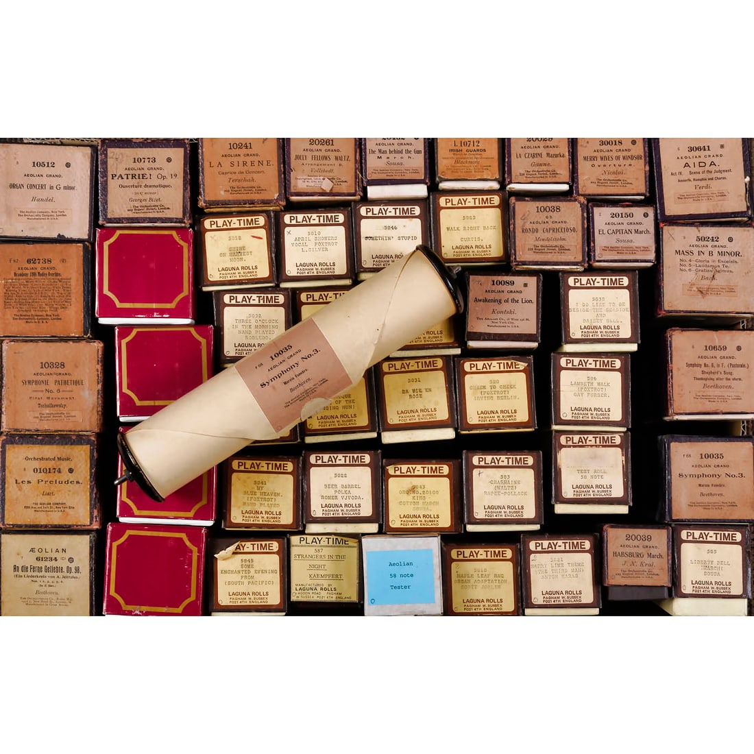 Lot of 288 Aeolian Orchestral Rolls: Lot of 288 Aeolian Orchestral Rolls For Aeolian Orchestrelle or Aeolian Grand 58-note reed organ, original rolls by Aeolian Company and some re-cuts, various genres but predominantly classical, mostly