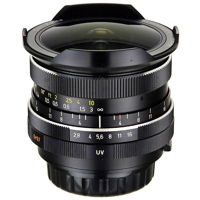 Fish-Eye F-Distagon 2,8/16 mm for Rolleiflex SL350, c.: Fish-Eye F-Distagon 2,8/16 mm for Rolleiflex SL350, c. 1975 Carl Zeiss, no. 5764090, "Made in West Germany", full-size 24 x 36 mm, for SL 350, with TTL CdS open-diaphragm match-needle metering, like n