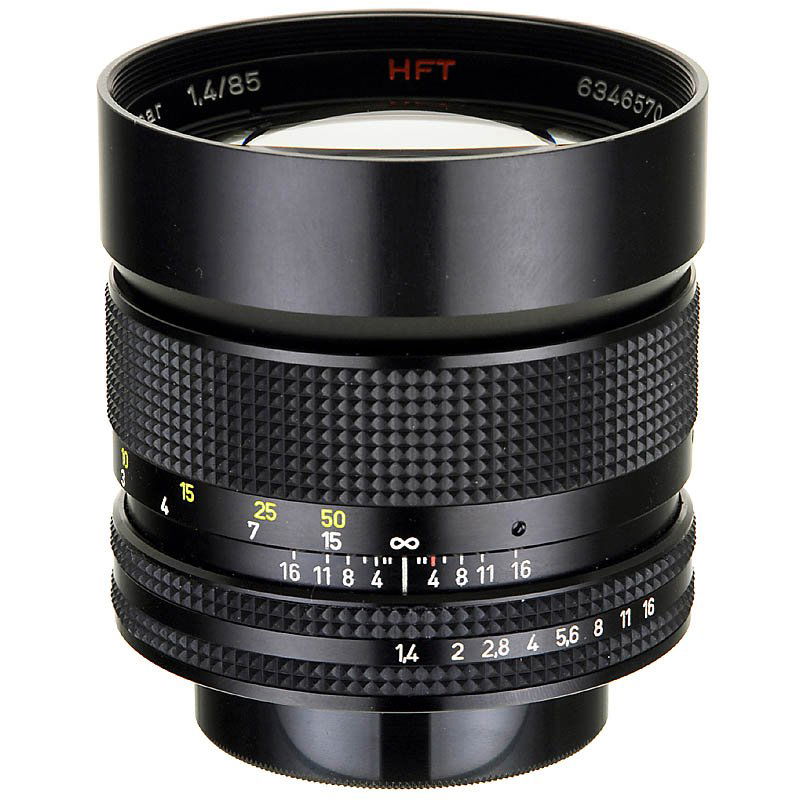Planar 1,4/85 mm HFT for Rolleiflex SL350, c. 1980: Planar 1,4/85 mm HFT for Rolleiflex SL350, c. 1980 Carl Zeiss. No. 6346570, "Made in West Germany", for SL350, with TTL CdS open-diaphragm match-needle metering. Minimal separations, everything else i