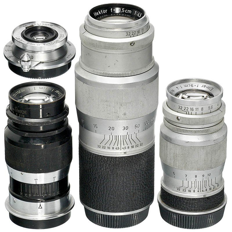 4 Leica Screw-Mount Lenses: 4 Leica Screw-Mount Lenses Leitz, Wetzlar. 1) Elmar 3,5/3,5 cm, no. 678065, chrome, with bakelite container. (2/2) - 2) Elmar 4/9 cm, no. 355102, black. (3/3-) - 3) Elmar 4/9 cm, no. 1036676, chrome. 