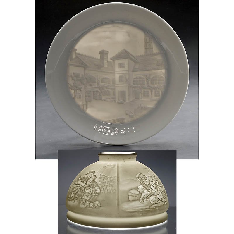 Shade and Plate with Lithophanes: Shade and Plate with Lithophanes 1) Shade, presumably Bohemia, c. 1900, height 4 in., Ø 5 1/2 in., lamp support bracket Ø 2 in., with 4 lithophanes. - And: 2) Plate, marked: Herend-Hrngary, Ø 7 1/2