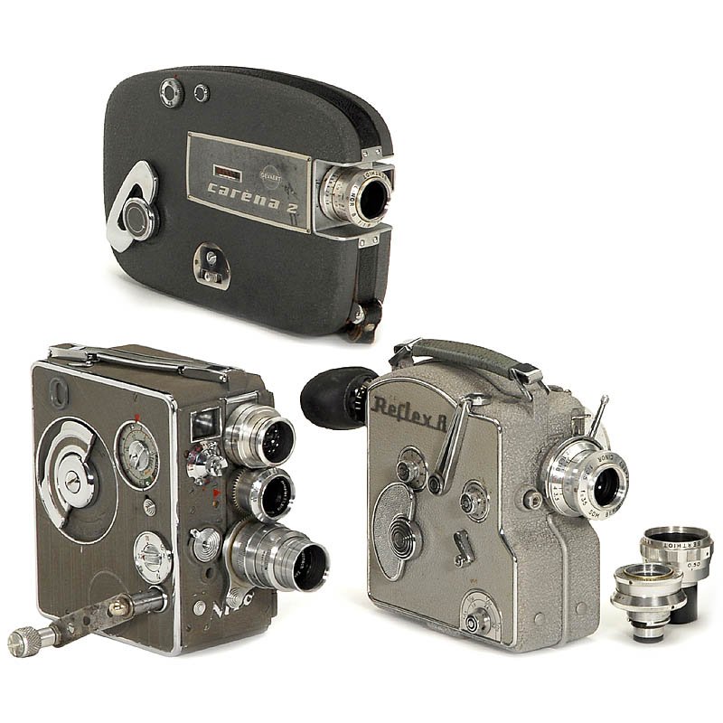 3 Double 8 mm Sub-Standard Film Movie Cameras, c. 1955: 3 Double 8 mm Sub-Standard Film Movie Cameras, c. 1955 1) Camex Reflex 8 by Ercsam, France; mirror reflex viewfinder, with Berthiot Cinor 1:3,5/35 mm, 1:1,9/12,5 mm and wide-angle lenses. - 2) Nizo He