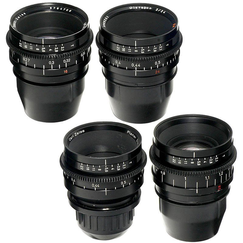 4 Zeiss Lenses with Arriflex PL Mount, c. 1975: 4 Zeiss Lenses with Arriflex PL Mount, c. 1975 Carl Zeiss, Oberkochen. 1) Distagon 1:2/16 mm. - 2) Distagon 1:2/24 mm. - 3) Presumably Planar 1:2/40 mm. - And: 4) Planar 1:2,1/85 mm. - Lenses and mech