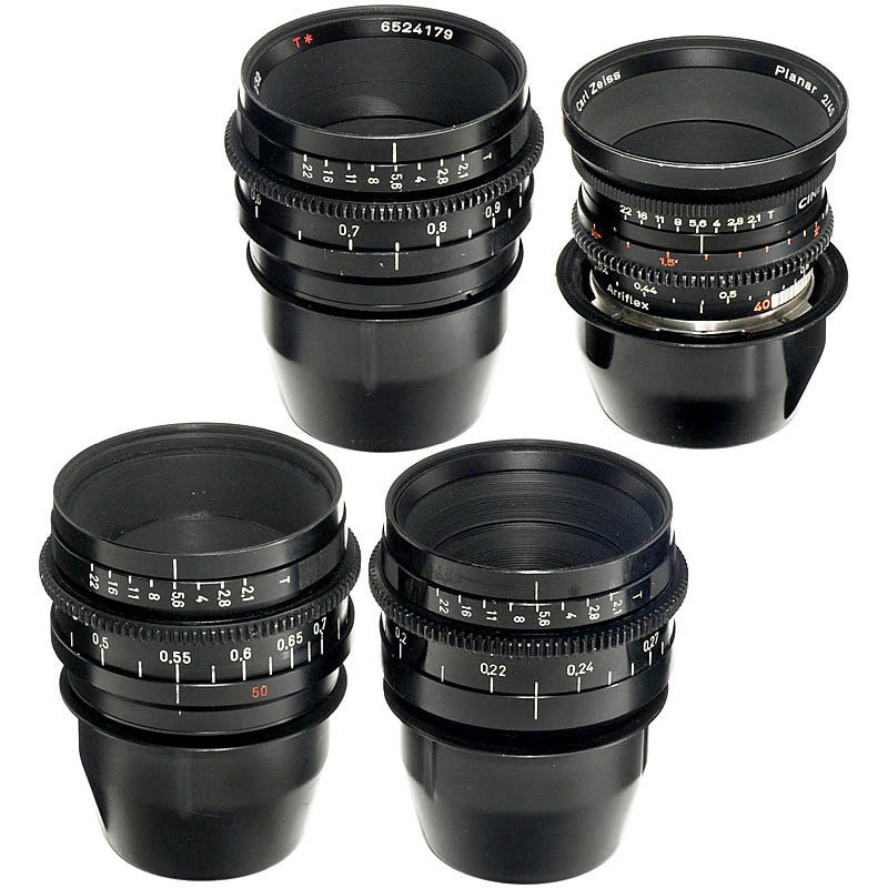 4 Movie Lenses with Arri PL Mount, c. 1975: 4 Movie Lenses with Arri PL Mount, c. 1975 Presumably all by Carl Zeiss, Oberkochen. 1) Unmarked, presumably Distagon 1:2,1/24 mm. - 2) Planar 1:2/32 mm. - 3) Planar 1:2/40 mm. - And: 4) Presumably Pl