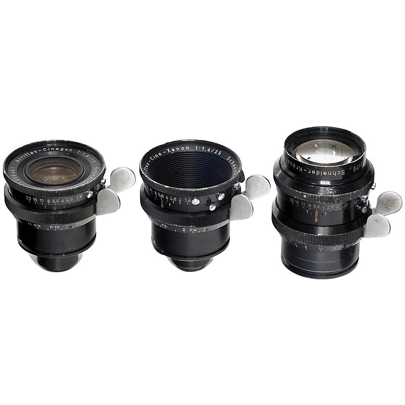 3 Schneider Movie Lenses, c. 1960: 3 Schneider Movie Lenses, c. 1960 Schneider, Kreuznach. For Arriflex ST cameras. 1) Arriflex-Cinegon 1:1,8/10 mm. - 2) Arriflex-Cine-Xenon 1:1,4/25 mm. - And: 3) Arriflex-Cine-Xenon 1:2/75 mm. - User 