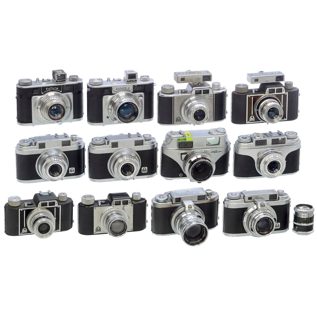Akarette and Futura Cameras: Akarette and Futura Cameras All cameras in collectible condition, but untested. – Apparate & Kamerabau GmbH, Friedrichshafen: 1) Akarette, first model, c. 1947, Xenon 2/5 cm. – 2) Akarette
