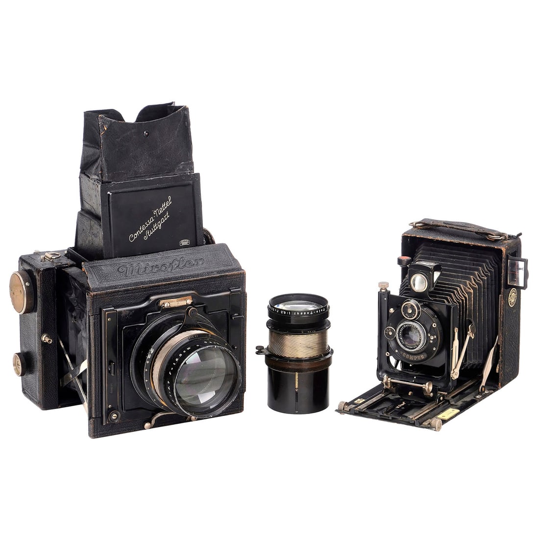 Miroflex, Bergheil, and Tele-Tessar: Miroflex, Bergheil, and Tele-Tessar 1) Zeiss Ikon, Dresden. Miroflex for 9 x 12 cm, bellows with hole, viewfinder cover with adhesive, shutter releases intermittently, second curtain lags, with Zeiss