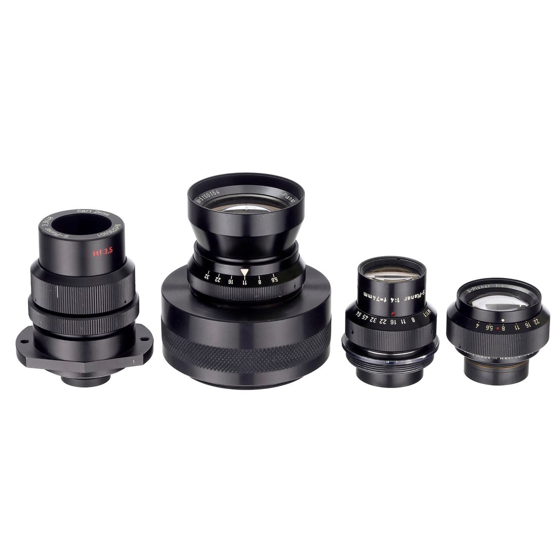 4 x Zeiss S-Planar: 4 x Zeiss S-Planar Zeiss, Oberkochen, Germany. 1) S-Planar 5.6/120 mm no. 5150154, iris diaphragm up to 32, glass clean under point light, with additional ring, which in turn has a thread of approx. 7