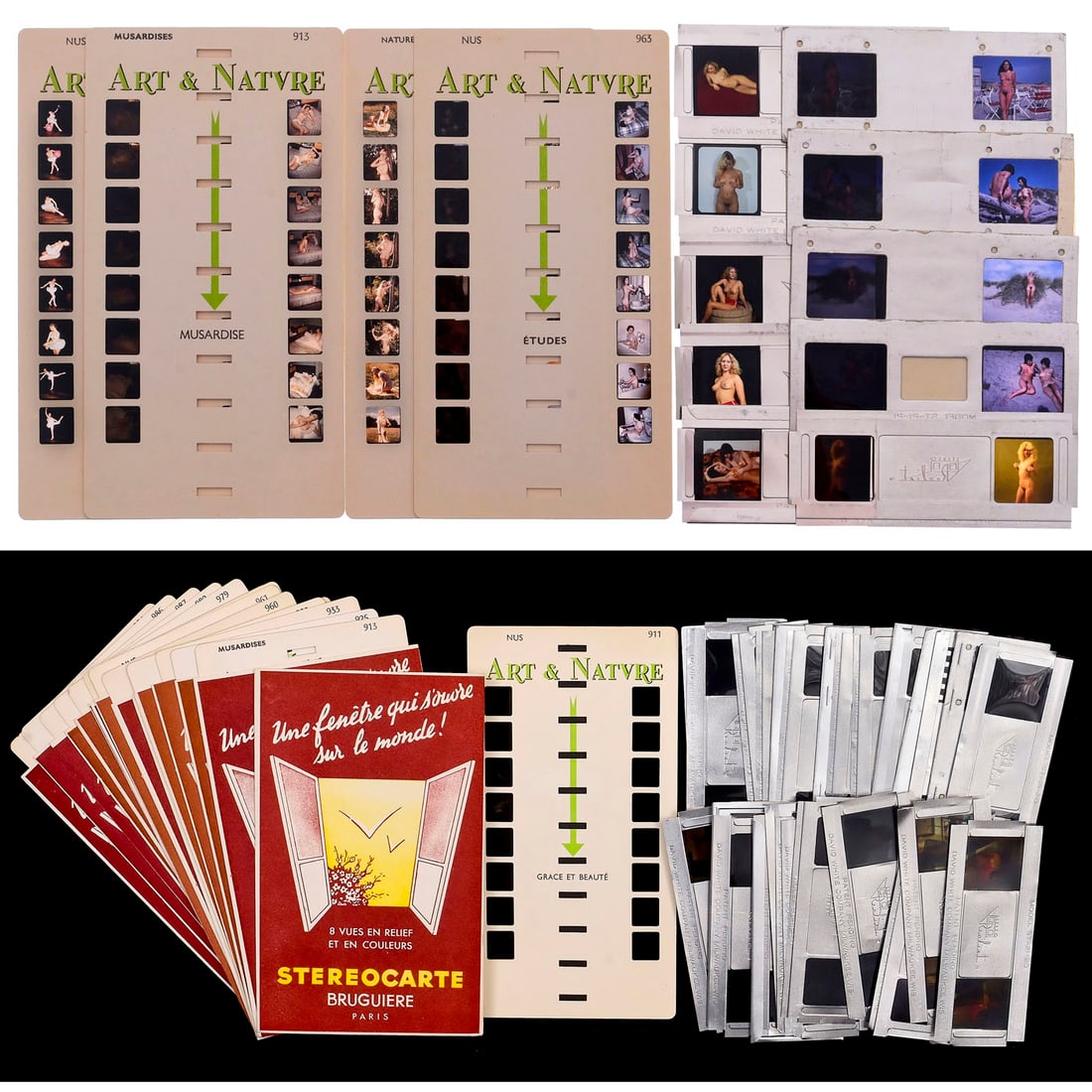 Stereo Nudes: Stereo Nudes 1) Bruguiere, Paris. 15 stereo cards with 8 pairs of images each, nos. 911, 913, 925, 933 (2 x), 960 (2 x), 961, 963, 968, 979, 982, 984, 986 and 987. Colors are vivid. (2-/–) ̵