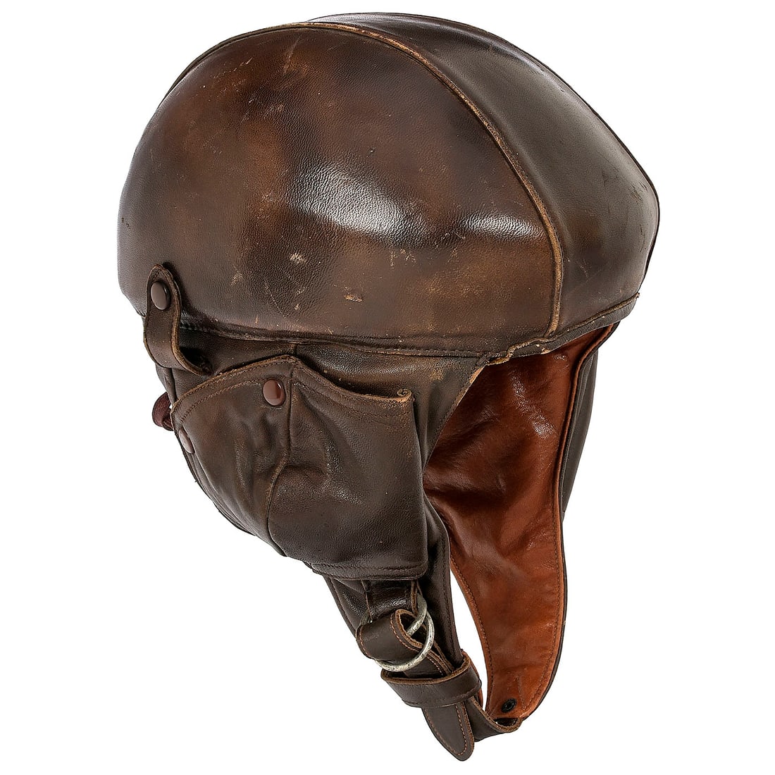 Airaile-Type Pilot Helmet, c. 1920–40: Airaile-Type Pilot Helmet, c. 1920–40 France, bell size 55, stitched leather, padded ear flaps with chin strap, good condition. Airaile-Typ-Pilotenhelm, um 1920–40 Frankreich, Glocke Gr