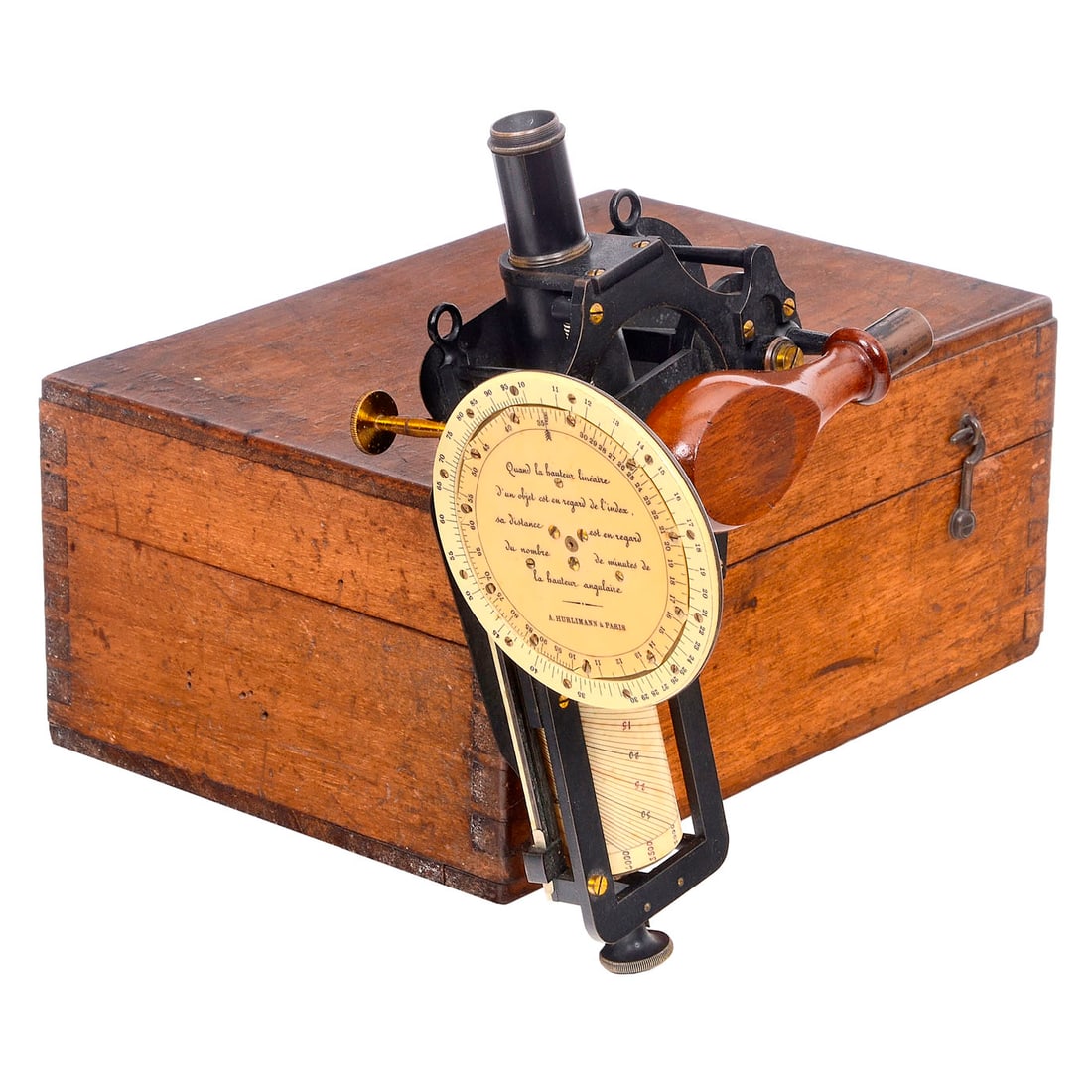 Couillonometer Distance Measurer, c. 1900: Couillonometer Distance Measurer, c. 1900 Signed A Hurlimann à Paris, with accessories in a mahogany case, length 23 cm. For military use, to determine the firing angle of cannons. Entfernungsmes