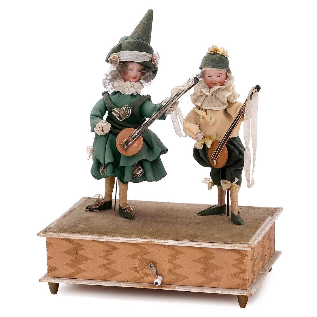 Manivelle Automaton with Pair of Musicians, c. 1900: Manivelle Automaton with Pair of Musicians, c. 1900 Probably Gottlieb Zinner und Söhne. Boy and girl with lutes, with bisque heads incised "76/925", standing, in original regional costumes, on ba