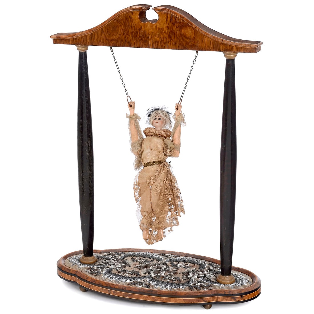 Acrobat Girl Automaton: Acrobat Girl Automaton Maker unknown, small theater stage, doll with with articulated bisque head, articulated carved wood limbs, clockwork motor in the body wound by revolving the torso, figure perfo