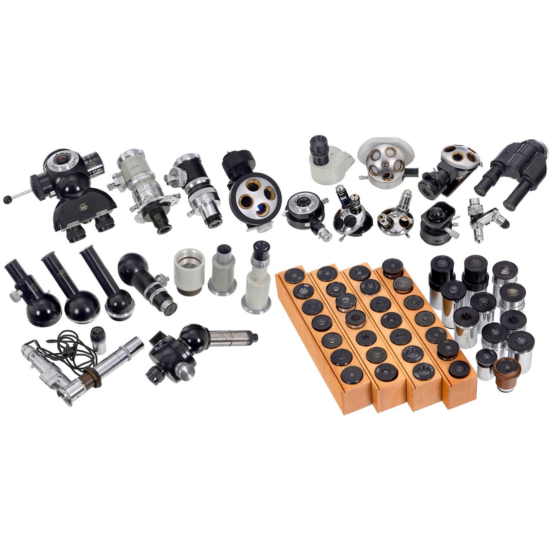 Accessories for Carl Zeiss and Ernst Leitz Microscopes: Accessories for Carl Zeiss and Ernst Leitz Microscopes 1) Zeiss Amplival Pol tube with Bertrand lens and Wright eyepiece. – 2) Zeiss 4x revolver with Neofluar Ph2 40/0.75 phase contrast objectiv
