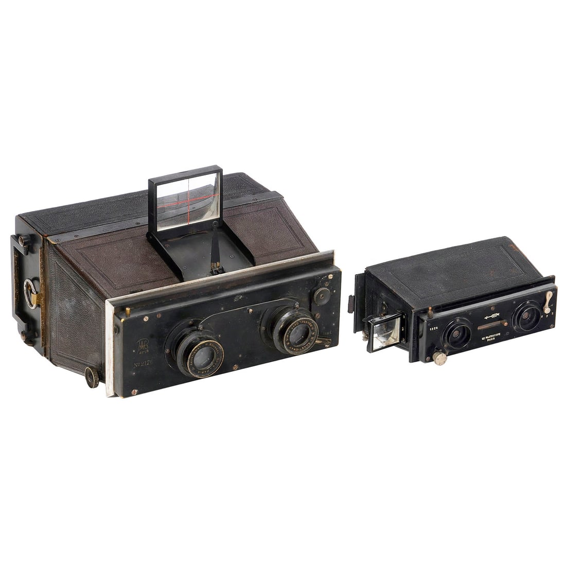 Le Platoscope and PAG Jumelle: Le Platoscope and PAG Jumelle 1) Zion, Paris. Le Platoscope, no. 1226, for 45 x 107 mm, achromatic lens with diaphragm slide, shutter releases, Newtonian finder with spring, back with inserted cassett