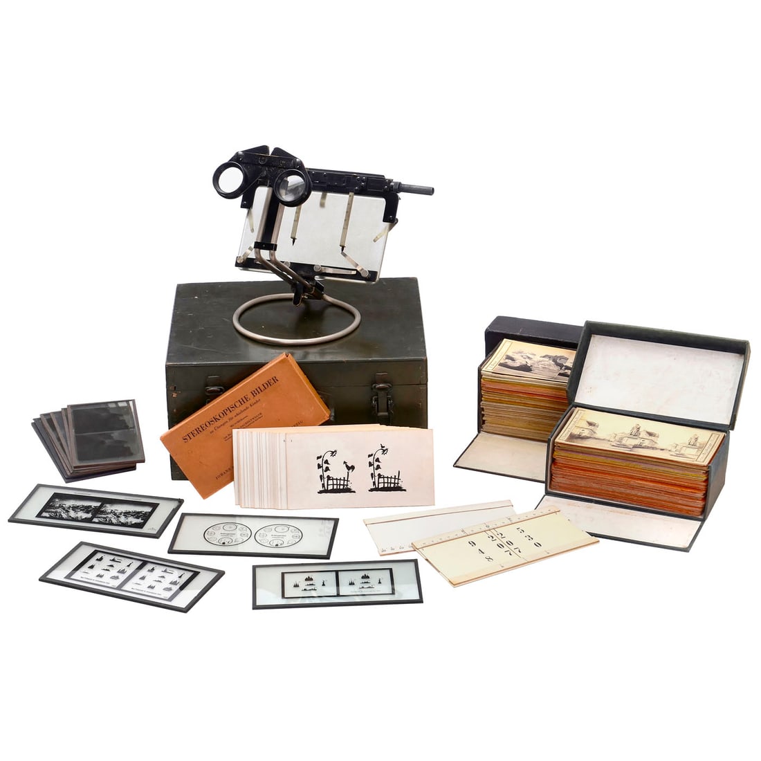 Oculus Special Stereoscope and 2 Cases with Early Stereo Cards: Oculus Special Stereoscope and 2 Cases with Early Stereo Cards 1) Upgrade model of the "Oculus" no. 2064 tabletop stereo viewer as a medical device for the visually impaired, with the attachable Oculu