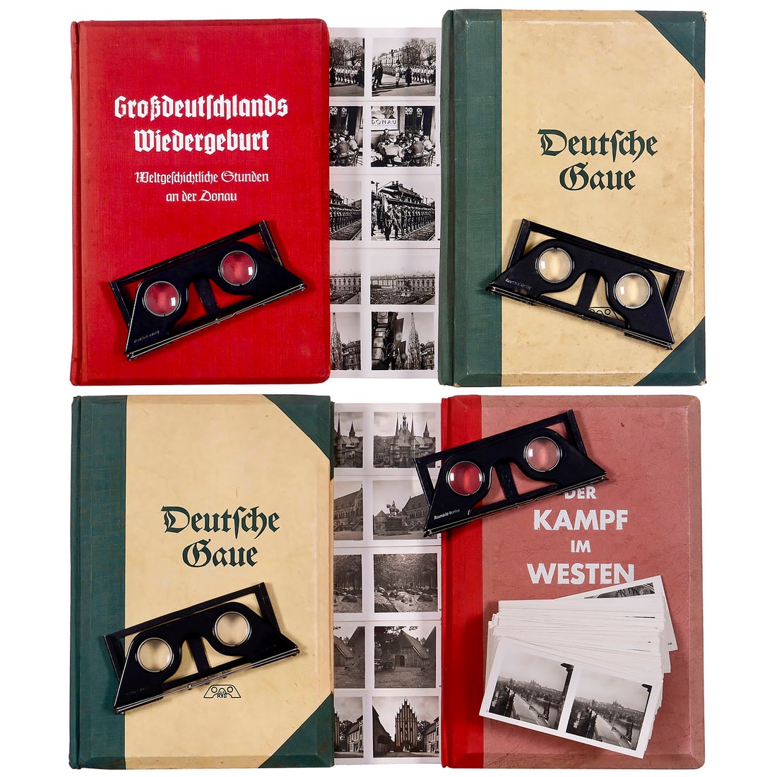Raumbild Albums and Raumbilder: Raumbild Albums and Raumbilder Raumbild-Verlag Otto Schönstein, Diessen/Ammersee. Stereo cards in 6 x 13 cm format, all well preserved, all albums with viewer. 1) "Großdeutschlands Wieder