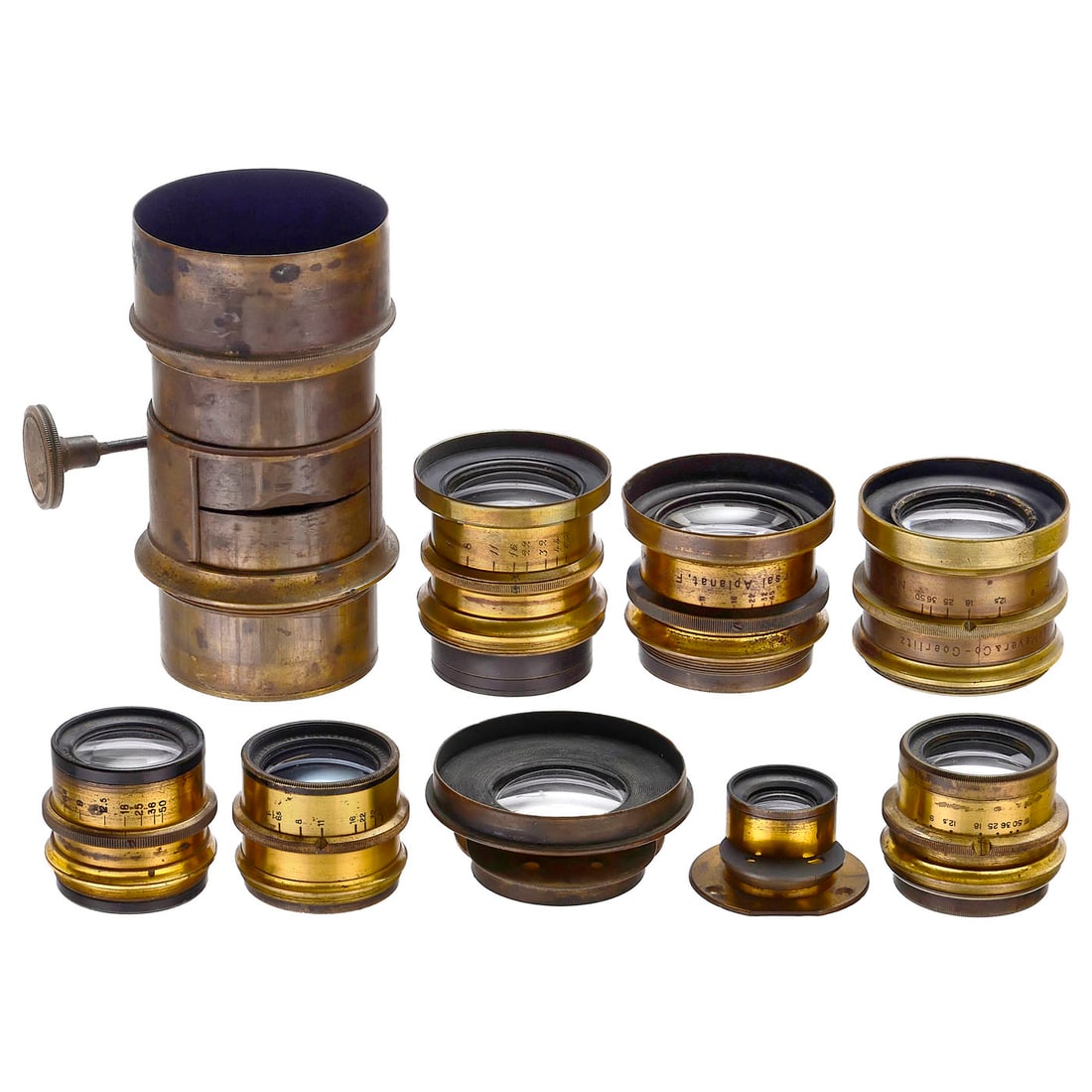 Brass Lens Collection: Brass Lens Collection Brass lenses in average used condition. 1–8) Hugo Meyer DRP 125500 (no lens name) 7.7/240 mm no. 5326, very early number, Schulze & Billerbeck Euryplan Serie V 6.5/180 mm,
