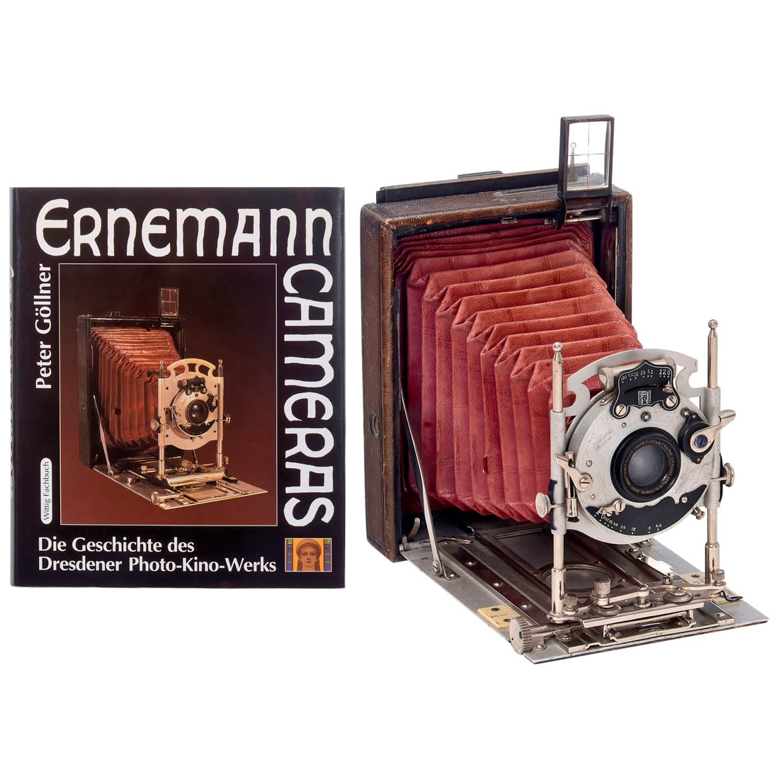 Ernemann Heag XII (Model II), 1906: Ernemann Heag XII (Model II), 1906 Ernemann AG in Dresden. 9 x 12 cm format, wooden case with black leather trim, aluminum floor mount, premium version with wine-red leather bellows, lens: Doppel-Anas