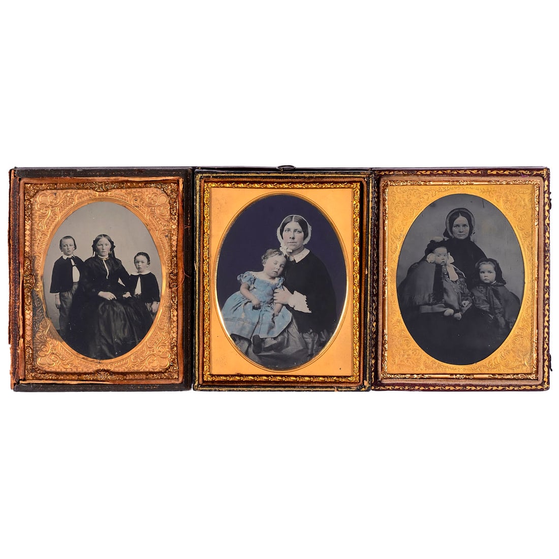 Mother and Child – in 3 Ambrotypes: Mother and Child – in 3 Ambrotypes All in 12 x 9.5 cm cases or leather frames. Exquisitely composed portraits of this timeless subject, in very good condition. Suitable for any high-quality exhi
