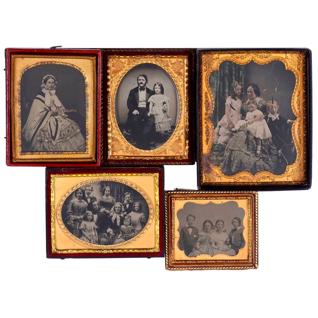 Ambrotypes – from Individual Image to a Group of Nine: Ambrotypes – from Individual Image to a Group of Nine 1) Leather frame, 9.5 x 12 cm, a lady with a cap and elaborately colored dress. – 2) Case, 9.5 x 12 cm, a father and young daughter wi