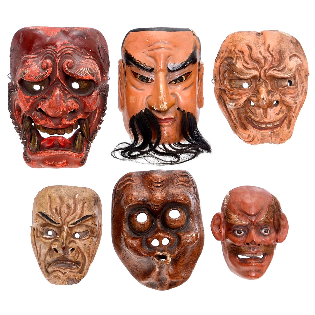 5 Japanese Noh Masks, c. 1900: 5 Japanese Noh Masks, c. 1900 Carved and polychrome-colored wood, 4 large masks: Shikami Oni (demon with lion teeth), Jo character (old man) and man with frowning eyes (beard made of horsehair); 1 sma