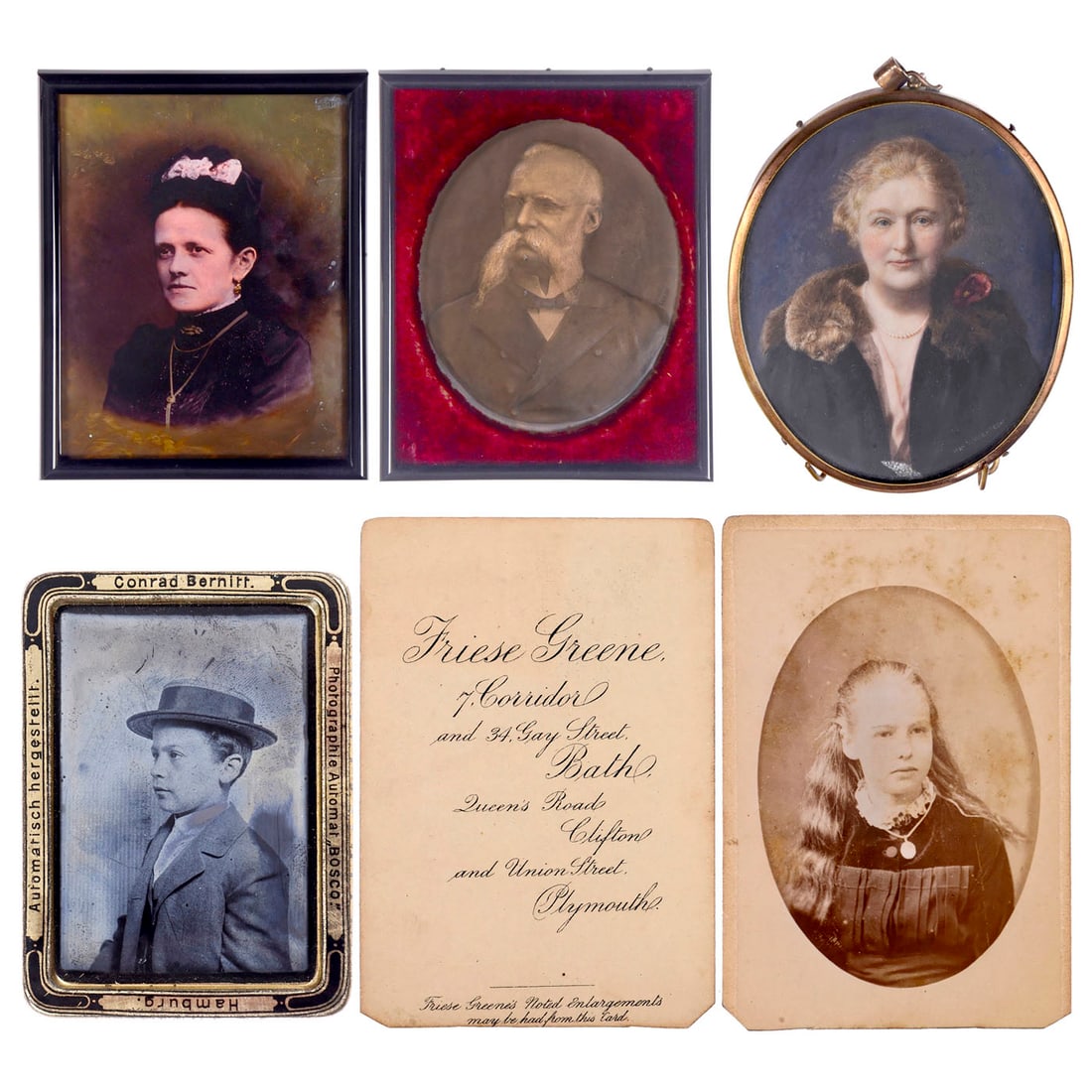 5 Different Photographic Image Processing Techniques, c. 1860–1905: 5 Different Photographic Image Processing Techniques, c. 1860–1905 1) Very large Ambrotype, c. 1860. Portrait of a woman, 18 x 24 cm, convex glass. Reverse-glass painting, colored. Masterful wor