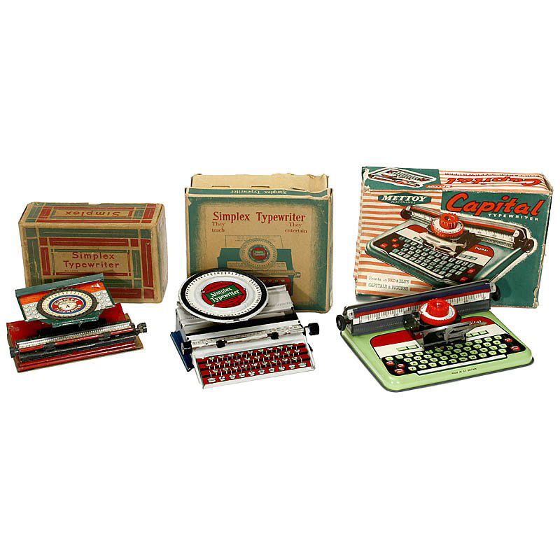 3 Toy Typewriters: 3 Toy Typewriters 1) "Simplex Special Demonstrated Model A", description in lid, with original box and ink bottle. (2-/2-) – 2) "The Practical Simplex Typewriter No. 300", with original cardboard bo