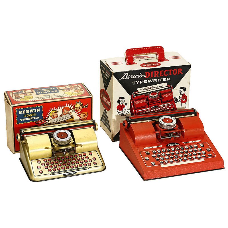 2 Tin Toy Typewriters by Berwin Corp., USA: 2 Tin Toy Typewriters by Berwin Corp., USA 1) "Director Typewriter". With instructions and original box. (2-/2-) – And: 2) "Gold Typewriter", for capital and small letters. With original box. (2-/3)