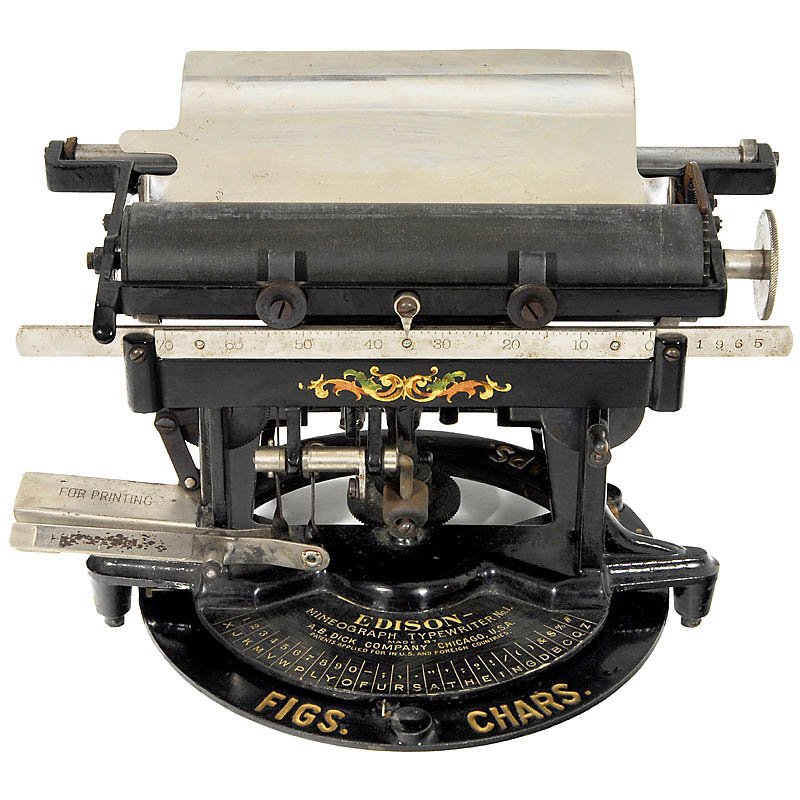 Edison Mimeograph Typewriter No. 1, 1894: Edison Mimeograph Typewriter No. 1, 1894 Exceptionally rare up-stroke machine in uncomparable design. – Excellent original condition! One of the most unusual and most desirable typewriter rarities! 