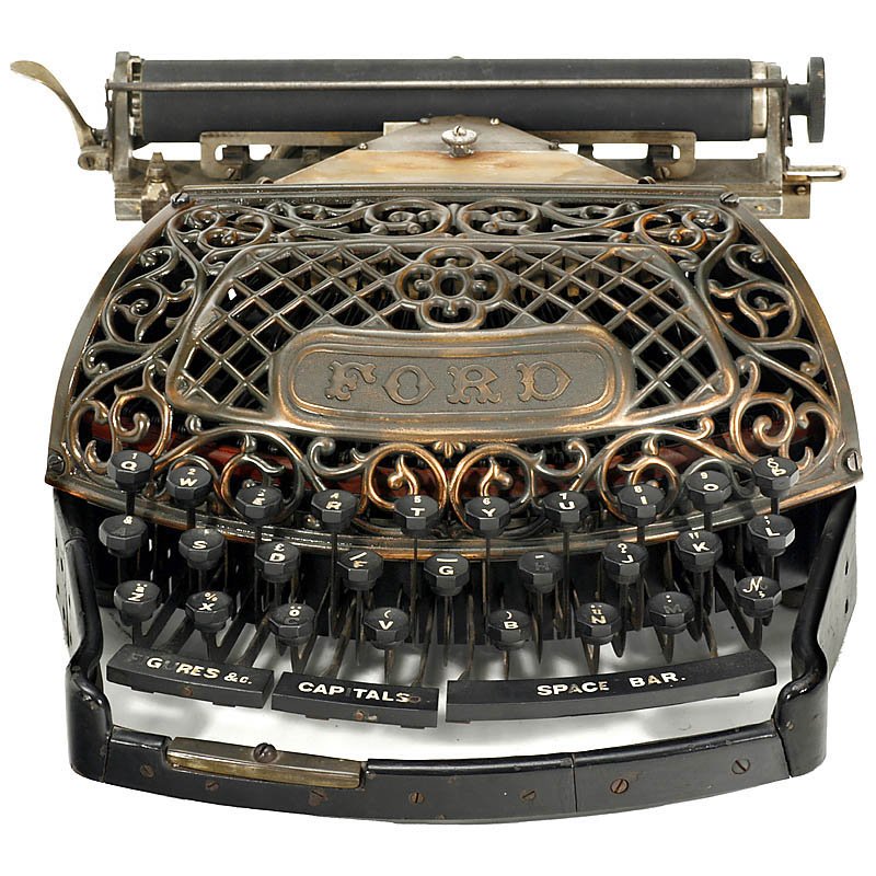 Extremely Rare: "The Ford Typewriter", 1895: Extremely Rare: "The Ford Typewriter", 1895 American thrust-action three-bank double-shift ribbon typewriter with beautifully decorated copper-plated typebar cover! Low serial no. 110! – Literature: