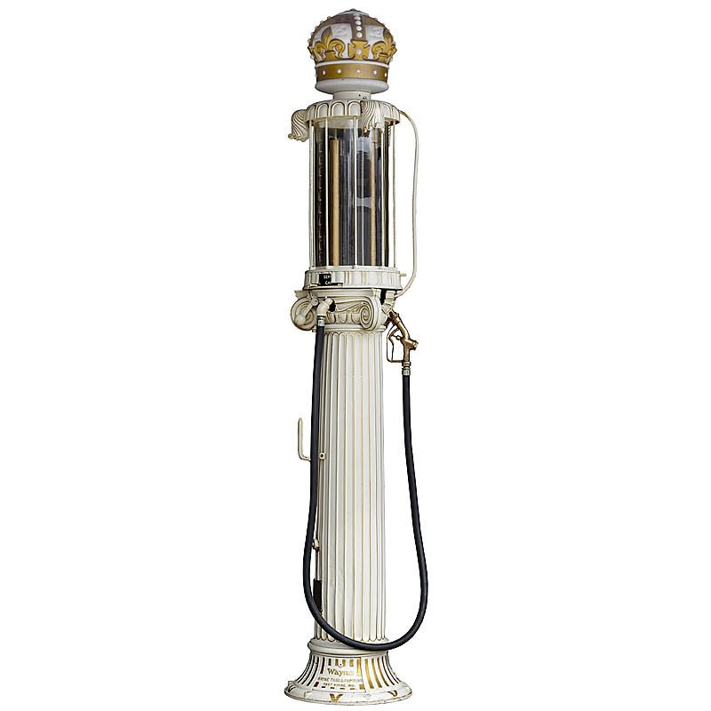 Large American Gas Pump, c. 1915: Large American Gas Pump, c. 1915 Manufacturer: "Wayne Tank & Pump Co.", cast iron, with illuminated glass crown, brass gas pump nozzle. Overall height 115 in.! Große amerikanische Tanksäule, um 1915