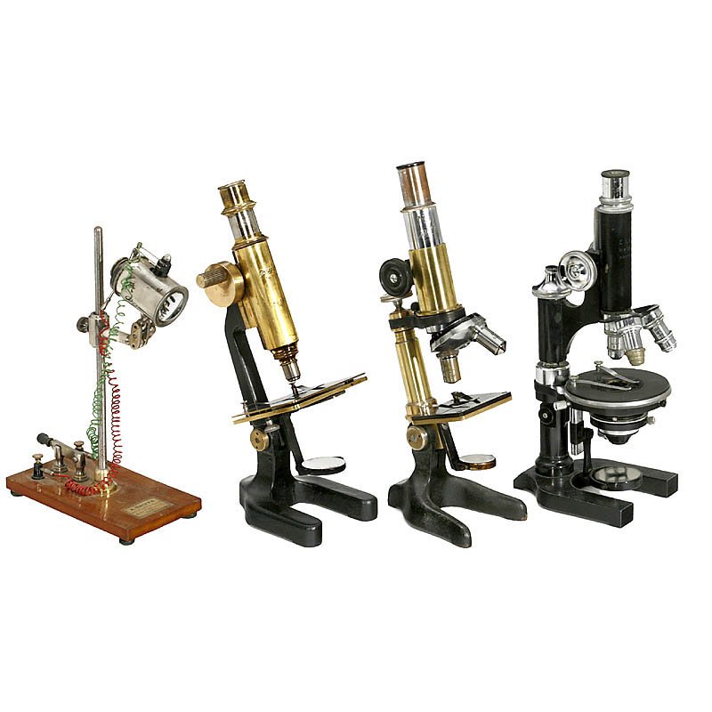 Lot of Microscopes with Accessoires: Lot of Microscopes with Accessoires 1) "Busch, Rathenow" microscope, no. 12277, with box, c. 1890. – 2) "E. Leitz, Wetzlar" microscope, no. 178376, with box, c. 1920. – 3) "Nachet, Paris" microsco