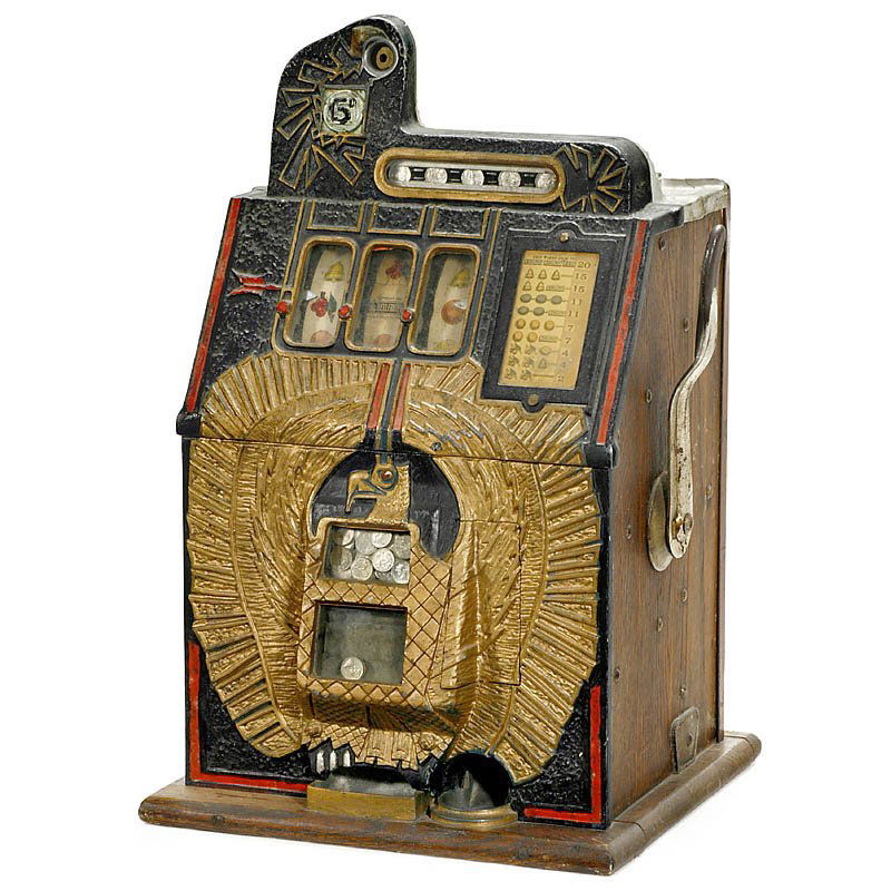 "Mills Silent War Eagle" Arcade Machine, 1931: Mills Silent War Eagle Arcade Machine, 1931 Original machine from the early 1930s, automatic payout, coin slot for 25 cent, mechanical operation, with double jackpot, wooden case with metal fittings,