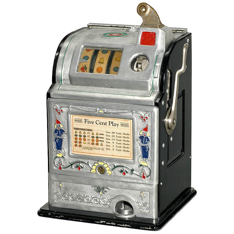 Jennings "Dutch Boy and Girl" Arcade Machine, c. 1930: Jennings "Dutch Boy and Girl" Arcade Machine, c. 1930 American slot machine with jackpot, key included, defective. Einarmiger Bandit "Jennings Dutch Boy and Girl", um 1930 Amerikanische 3-Walzen-Slot-