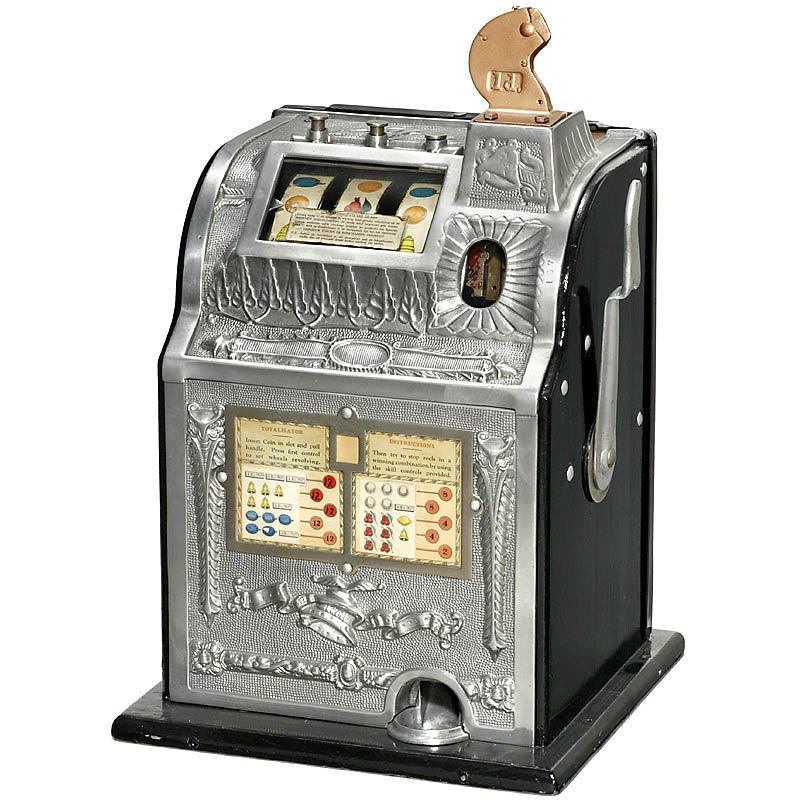 Mills "Operators Bell" Arcade Machine, c. 1925: Mills "Operators Bell" Arcade Machine, c. 1925 American 3-reel slot machine, working. Einarmiger Bandit "Mills Operators Bell", um 1925 Amerikanische 3-Walzen-Slot-Maschine, funktioniert.
