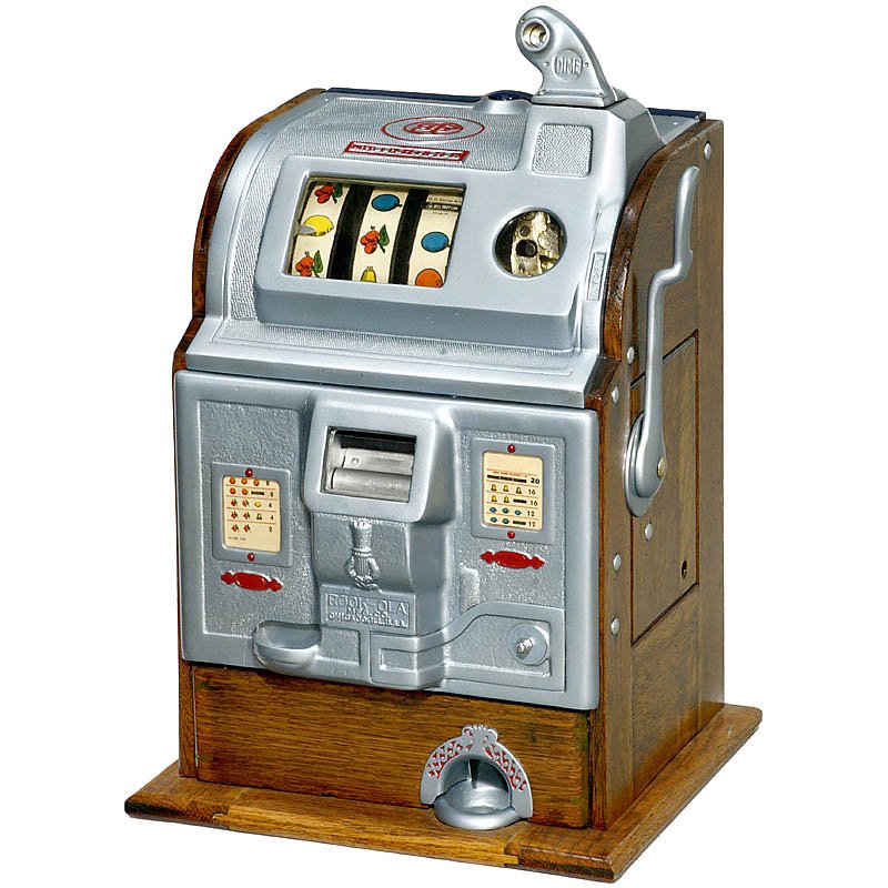 American Arcade Machine, c. 1930: American Arcade Machine, c. 1930 3-reel slot machine with jackpot, manufactured by Jennings, lower front by Rock-Ola, working. Amerikanischer Einarmiger Bandit, um 1930 3-Walzen-Gerät mit Jackpot, He