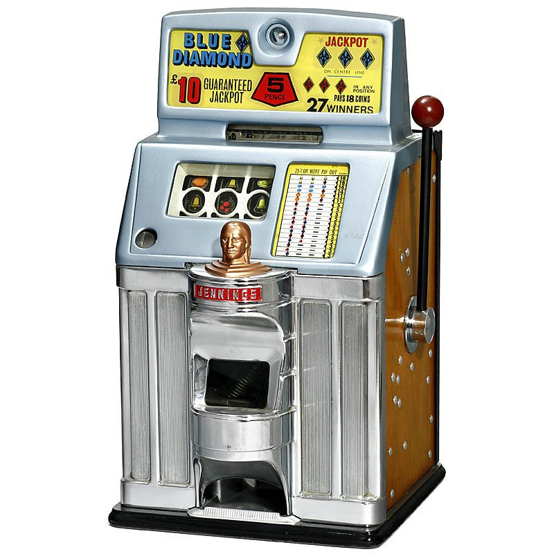 Jennings "Blue Diamond" Arcade Machine, c. 1965: Jennings "Blue Diamond" Arcade Machine, c. 1965 Tic-Tac-Toe, American 3-reel slot machine by Jennings & Co., Chicago, partly repainted, without jackpot (defective). Einarmiger Bandit "Jennings Blue Di