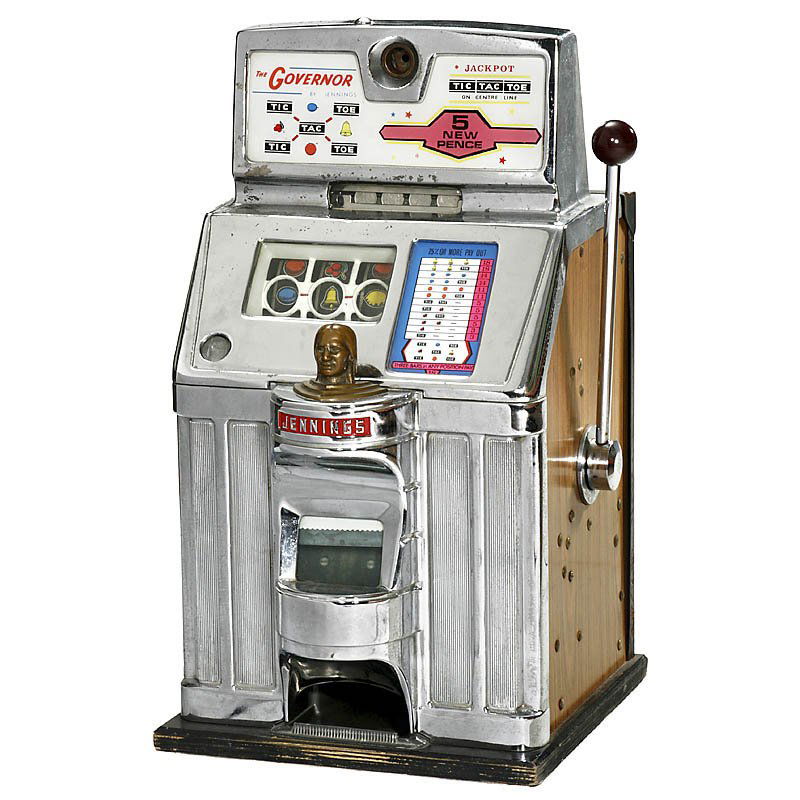 Jennings: "The Governor – Tic-Tac-Toe", c. 1960: Jennings: "The Governor – Tic-Tac-Toe", c. 1960 American 3-reel slot machine by Jennings & Co., Chicago. Chrome-plated case, for 1-DM coins, with electric light, very good working condition, complet