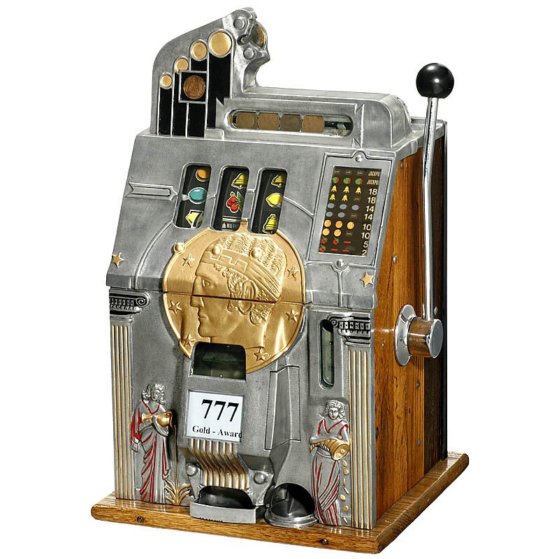 Mills "Roman Head" Arcade Machine, c. 1935: Mills "Roman Head" Arcade Machine, c. 1935 American 3-reel slot machine with jackpot, working. Einarmiger Bandit "Mills Roman Head", um 1935 Amerikanische 3-Walzen-Slot-Maschine mit Jackpot, funktioni