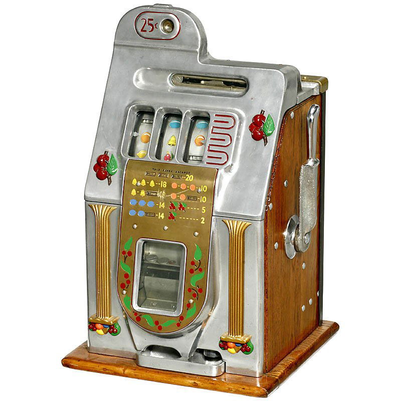Mills "Black Cherry Bell" Arcade Machine, c. 1945: Mills "Black Cherry Bell" Arcade Machine, c. 1945 American 3-reel slot machine with jackpot, working. Einarmiger Bandit "Mills Black Cherry Bell", um 1945 Amerikanische 3-Walzen-Slot-Maschine mit Jack