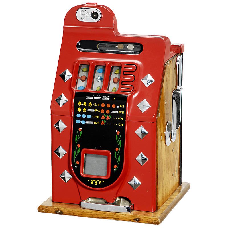 "Mills Chrome Bell" Arcade Machine, 1939: Mills Chrome Bell Arcade Machine, 1939 "Mills, Chicago", mechanically operated 3-reel machine with jackpot, 5-cent slot, wooden case with metal front, working, with key. Einarmiger Bandit "Mills Chrom
