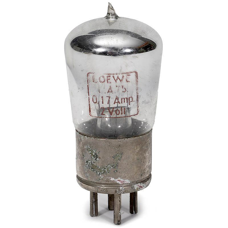 Radio Valve Loewe La 75, c. 1925: Radio Valve Loewe LA 75, c. 1925 Very rare valve, nickel base and top, mint condition, filament checked. Radioröhre Loewe LA 75, um 1925 Sehr seltene Radioröhre, Nickelfuß und -spitze, Beschriftung