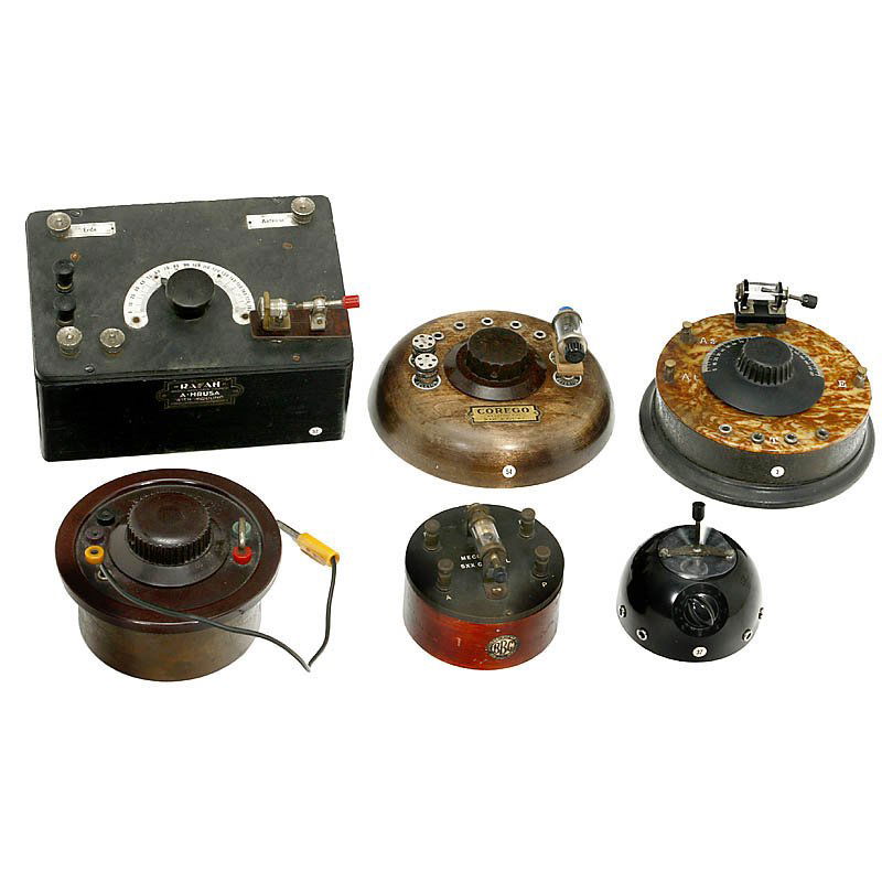 Various Detector Receivers, 1920s: Various Detector Receivers, 1920s 1) "Trennode". – 2) Unmarked, crystal. – 3) "Corego", Austria, crystal. – 4) "Echo", type WR, crystal. – 5) "Mecophone", England, crystal, 1923. – And: 6)