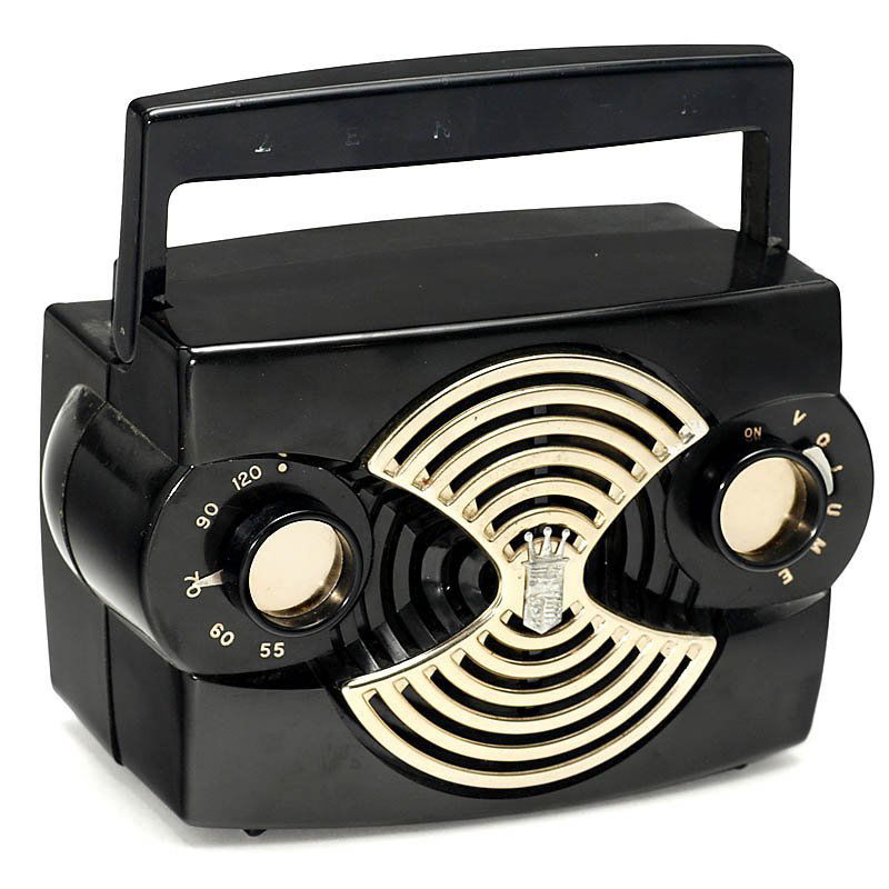 American Radio Receiver Zenith Model K412Y, 1953: American Radio Receiver Zenith Model K412Y, 1953 4 tubes, 117 V line voltage, MF, loop antenna in the handle, black bakelite body. A stylish compact radio, only 6 5/8 in. wide. Radioempfänger Zenith