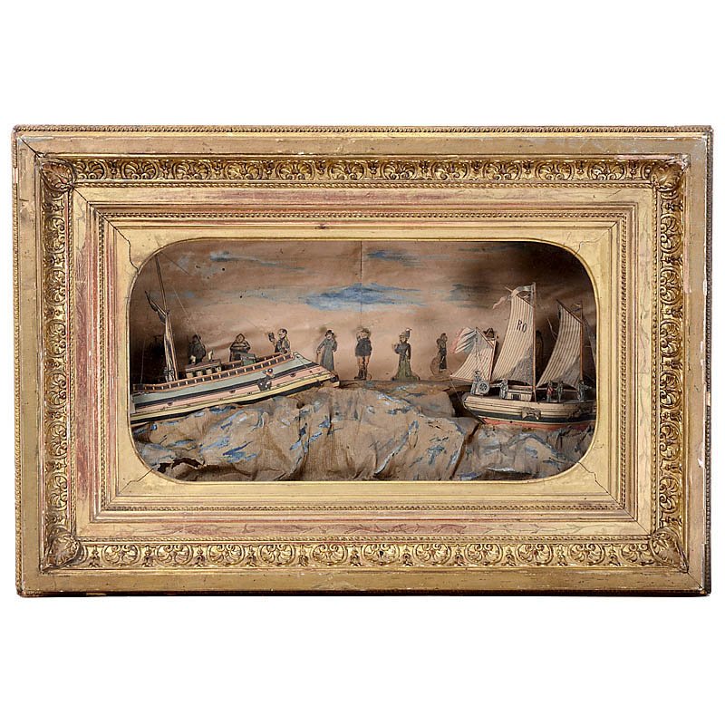 Musical Automaton Picture of a Harbour, c. 1900: Musical Automaton Picture of a Harbour, c. 1900 Depicting thirteen figures watching two lithographed boats heave on stormy tissue-paper sea, in giltwood frame with separate key-wind automaton and cyli