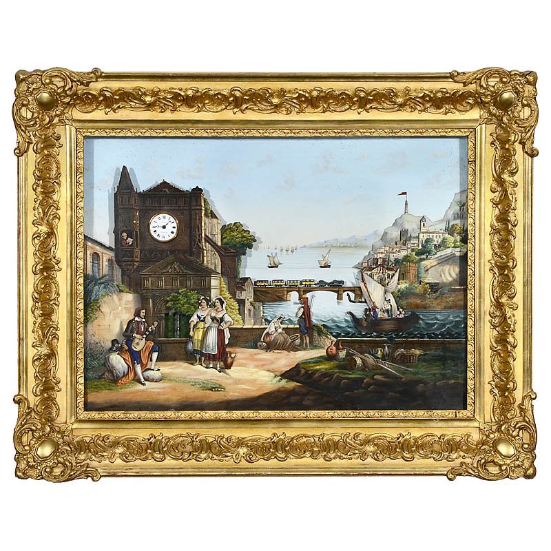 Musical Automaton Picture Clock by Xavier Tharin, c. 18: Musical Automaton Picture Clock by Xavier Tharin, c. 1860 Paris, hand-colored lithographed scene depicting a Mediterranean harbor scene with abbey, fountain, viaduct and watchtower on a hill, with two